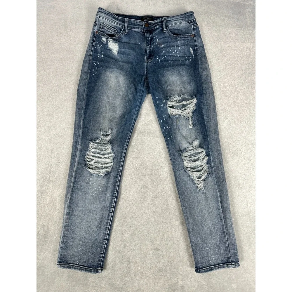 Judy Blue Boyfriend Fit Jeans‎ Mid Rise Distressed Denim Medium Wash Size 11/30